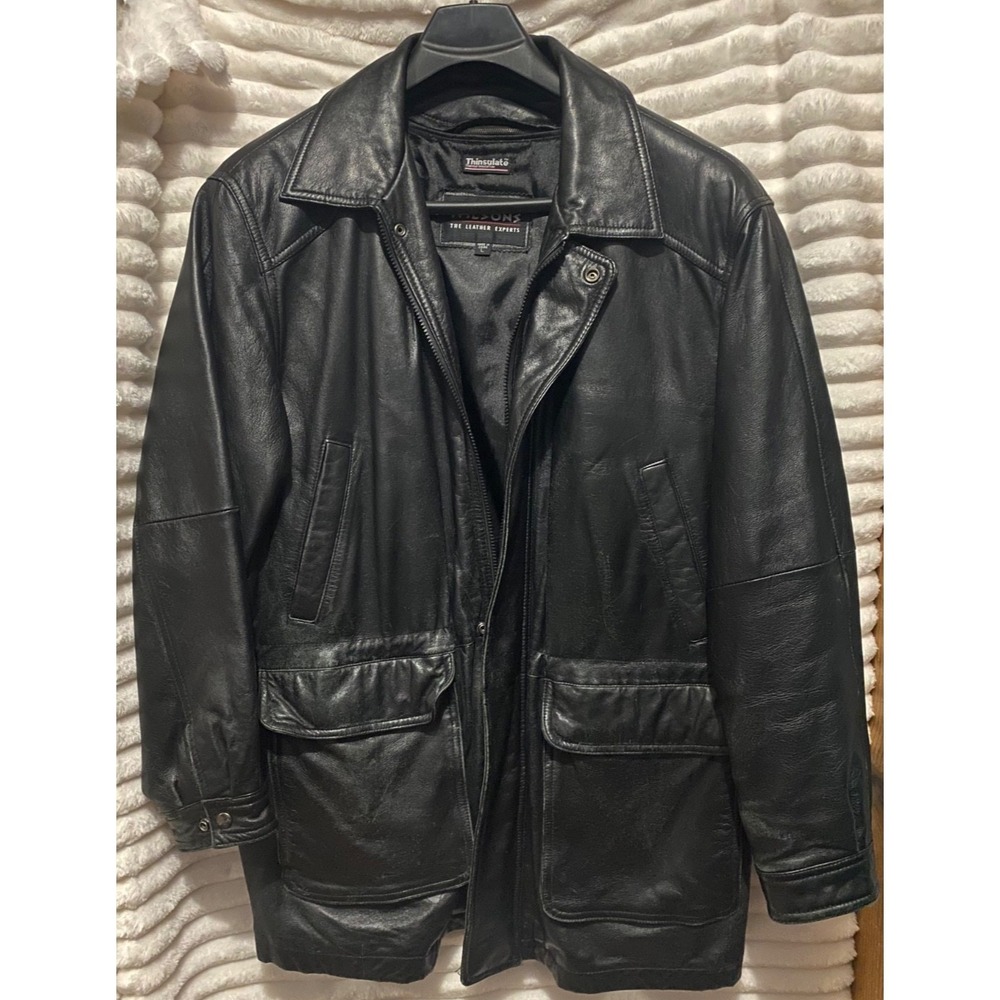 Wilson's Leather Men's Black Leather Coat Large Thinsulate Zip Out Liner Winter